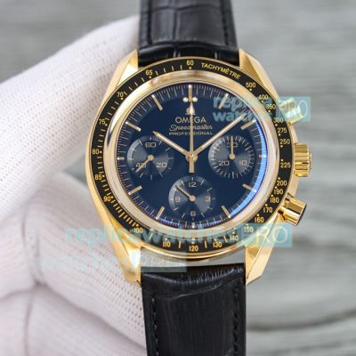 Swiss Replica Omega Speedmaster Moonwatch Gold Case Black Leather Strap Chronograph 42mm Watch